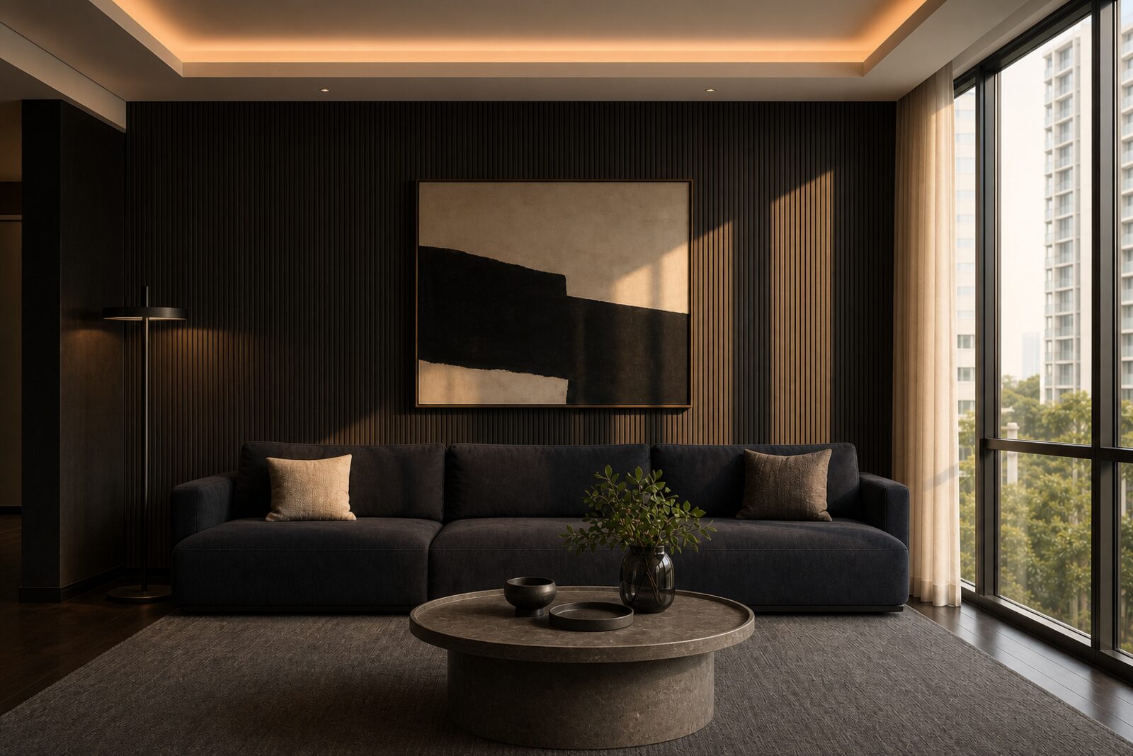 A Singapore living room in the Charcoal and Smoked Glass palette