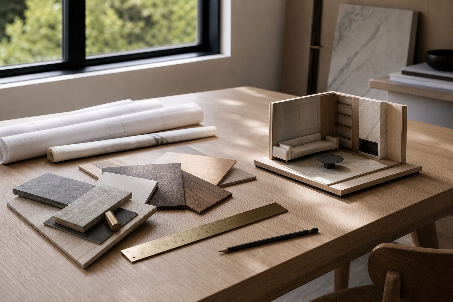 Material samples, drawings and a scale model on the BRIQ. studio worktable