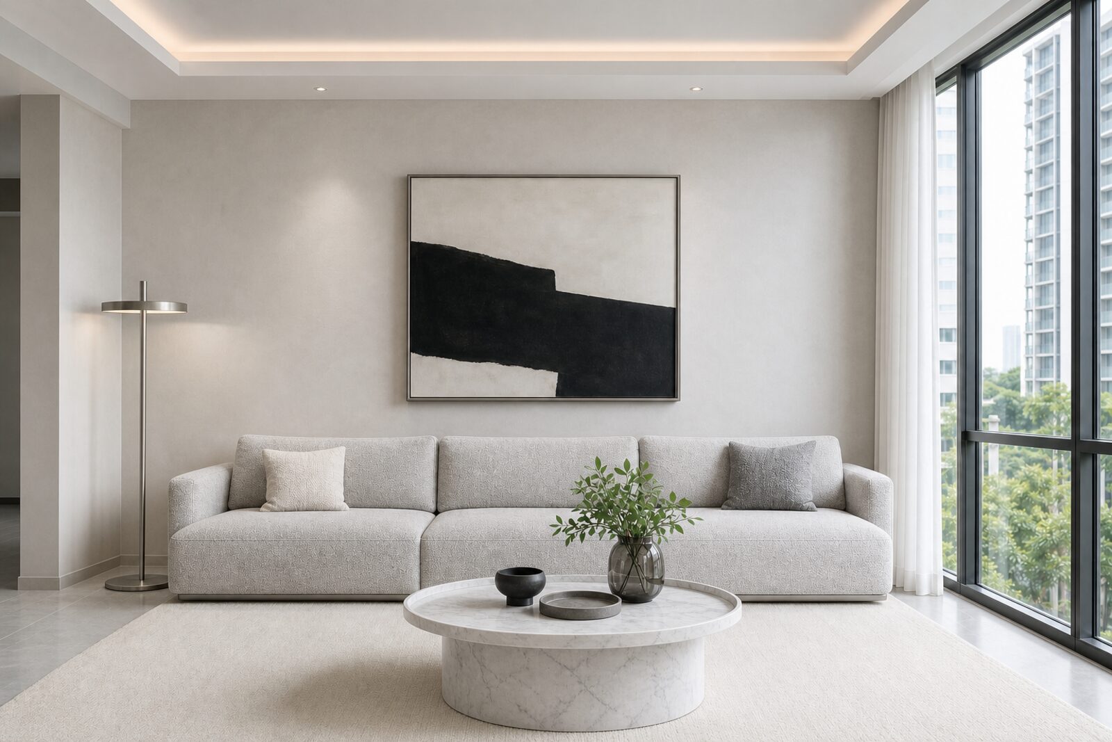 A Singapore living room in the Bone and Steel palette