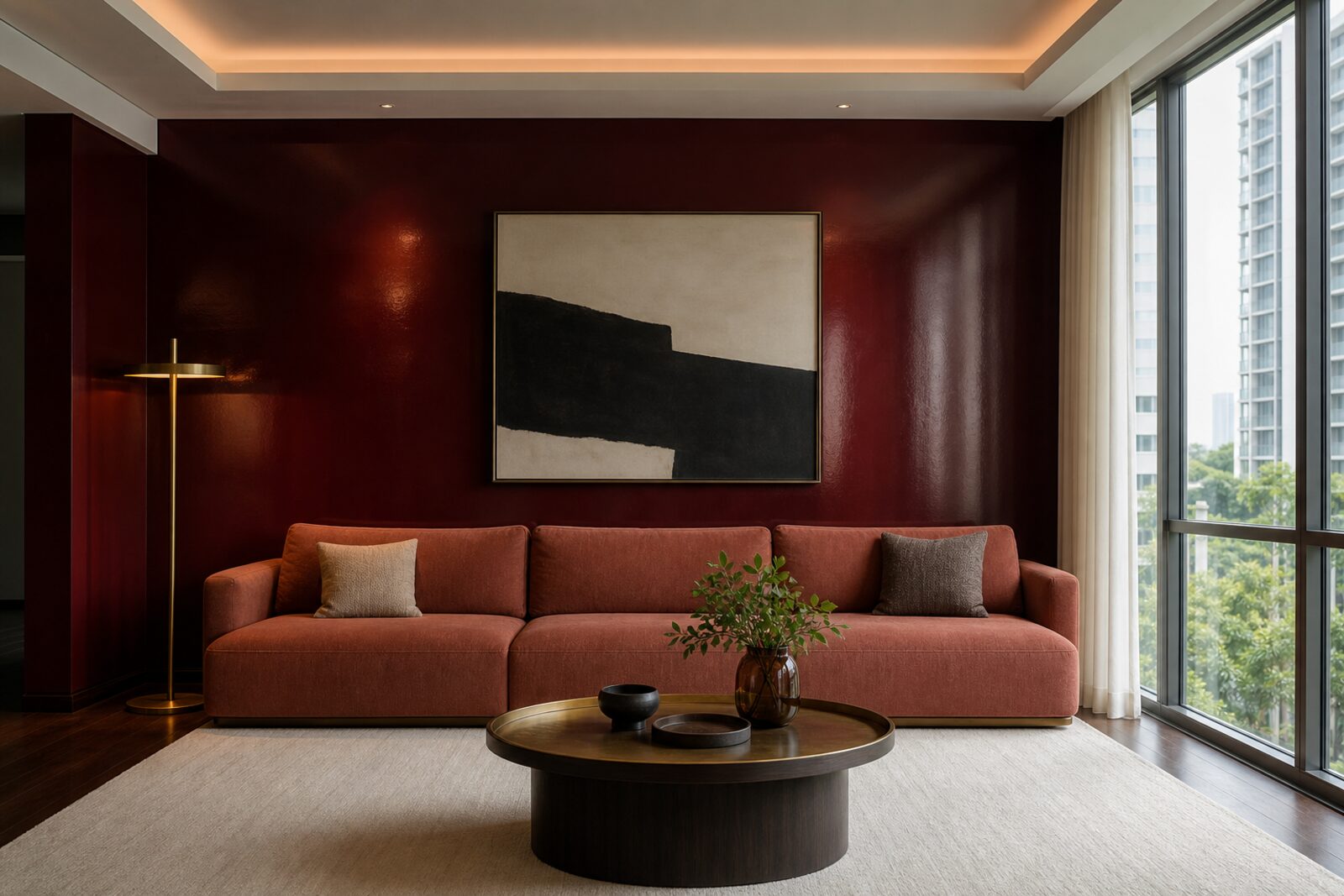 A Singapore living room in the Oxblood and Brass palette