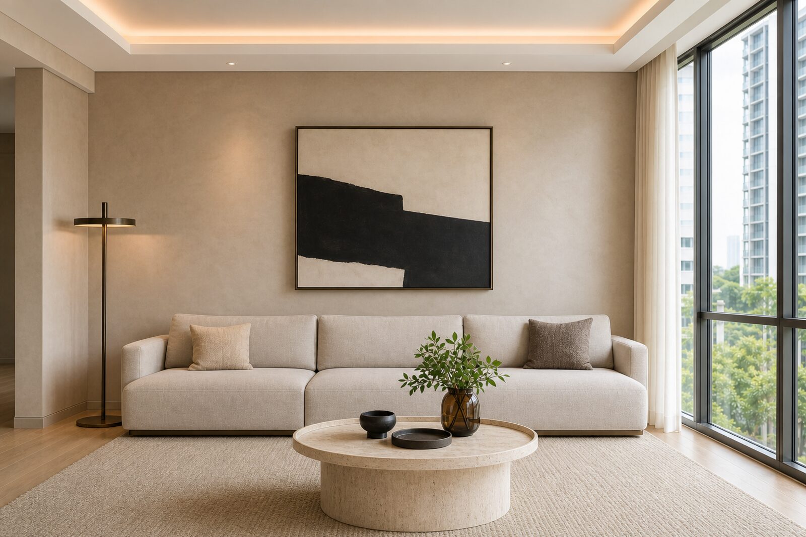 A Singapore living room in the Lime Plaster and Oak palette