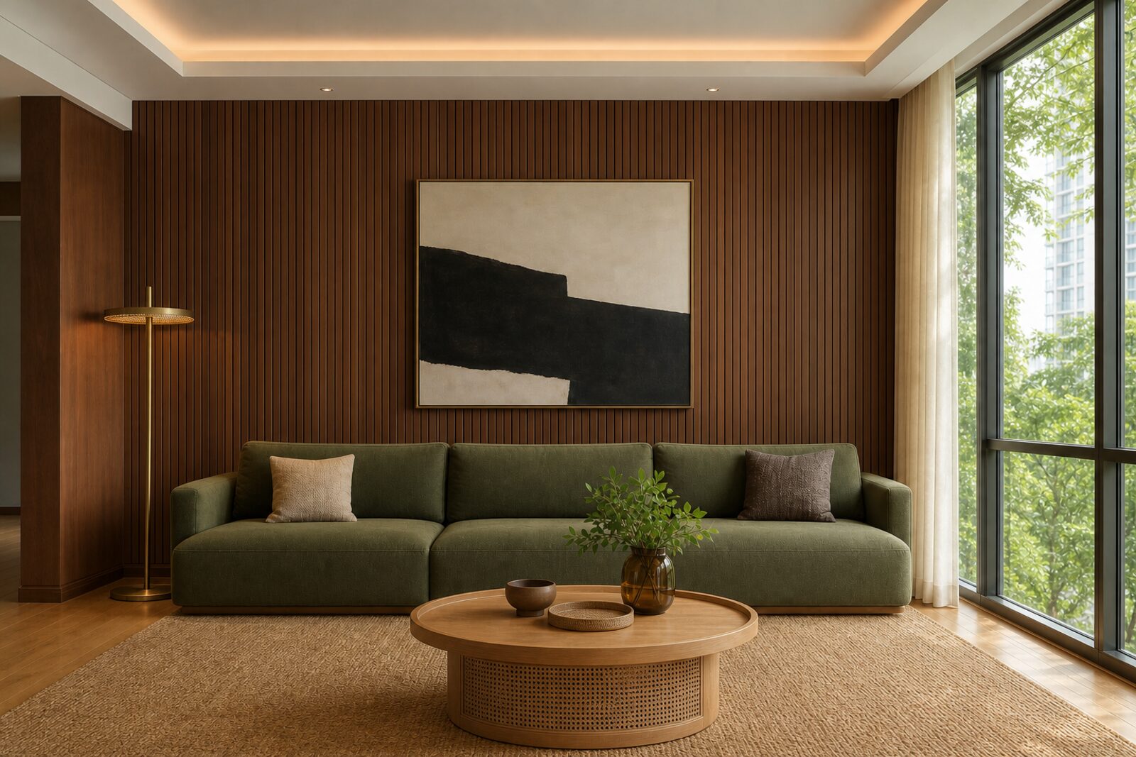 A Singapore living room in the Walnut and Cane palette